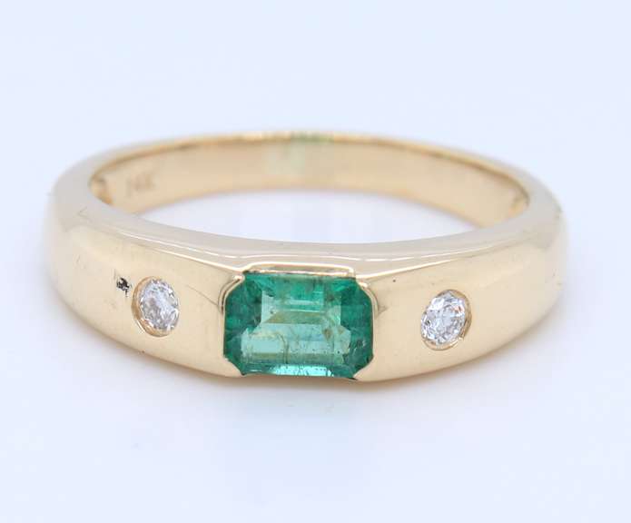 Attractive Yellow Gold Emerald and Diamond Bezel Set Ring
