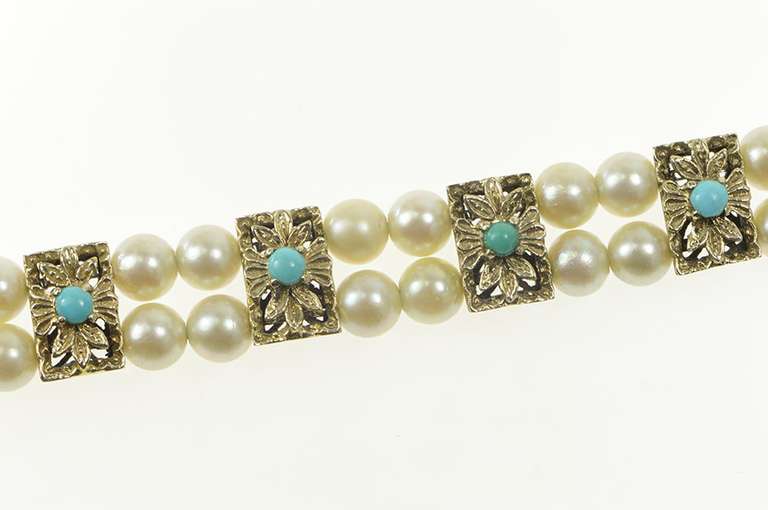18K White Gold Pearl Turquoise Beaded Flower Statement Bracelet