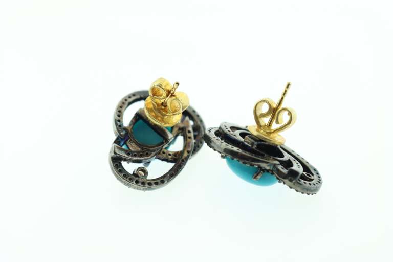 Stunning Diamond Encrusted Dark Silver Looped Earrings with Turquoise Colored Gemstone