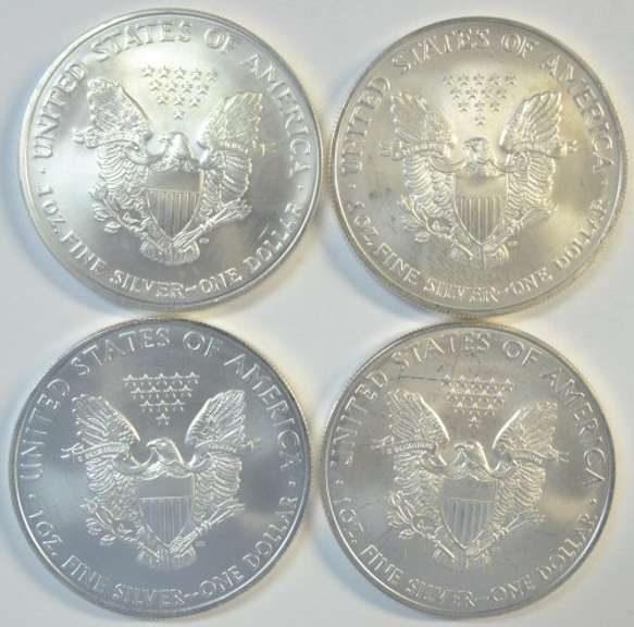 4 Diff. Superb Gem BU $1 Silver Eagle coins 2005 to 2009