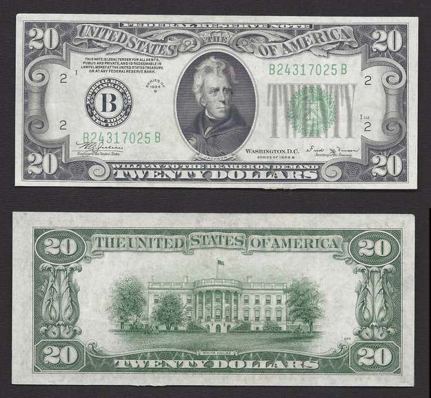 $20 1934-B FRN light Green Seal AU++