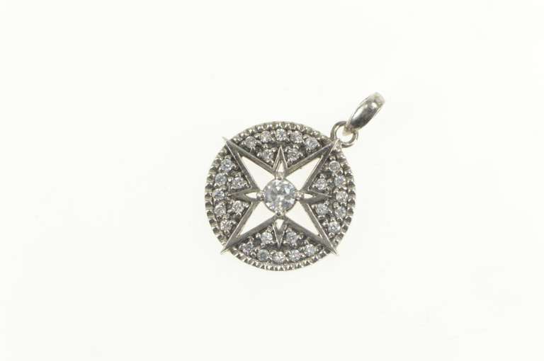 Sterling Silver Round North Star Compass Pave CZ Round Pendant