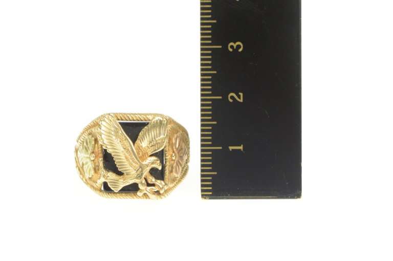 10K Yellow Gold Black Onyx Black Hills Leaf Eagle Men's Ring