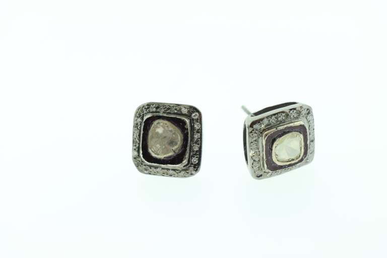 Dainty Mine Cut Diamond Earrings with Dark Silver and Diamond Accents