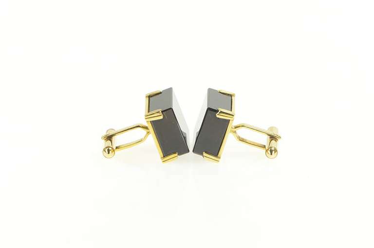 14K Yellow Gold 1960's Squared Smoky Quartz Inset Statement Cuff Links
