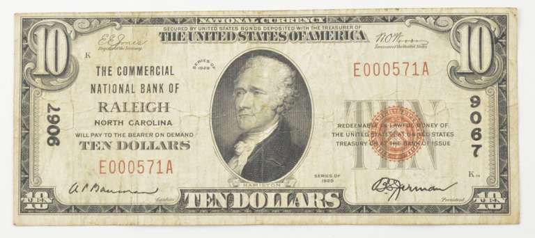 1929 $10 National Currency Raleigh, NC - United States Note - 9067