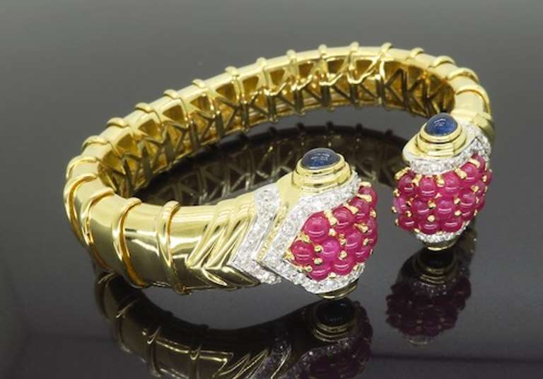 Flex Diamond, Ruby & Sapphire Cuff Bracelet in 18k