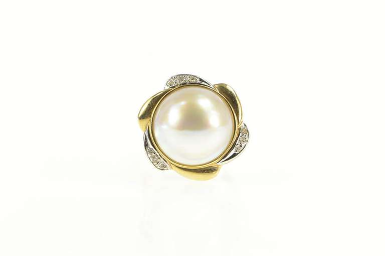 14K Yellow Gold Pearl Diamond Ornate Retro Swirl Cocktail Ring