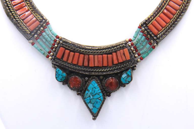 Vintage Sterling Silver Turquoise and Coral Necklace