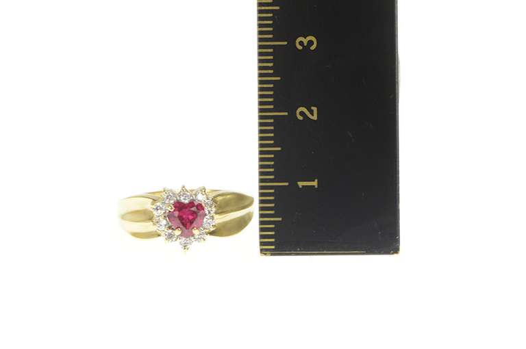 10K Yellow Gold Heart Syn. Ruby CZ Halo Cluster Statement Ring