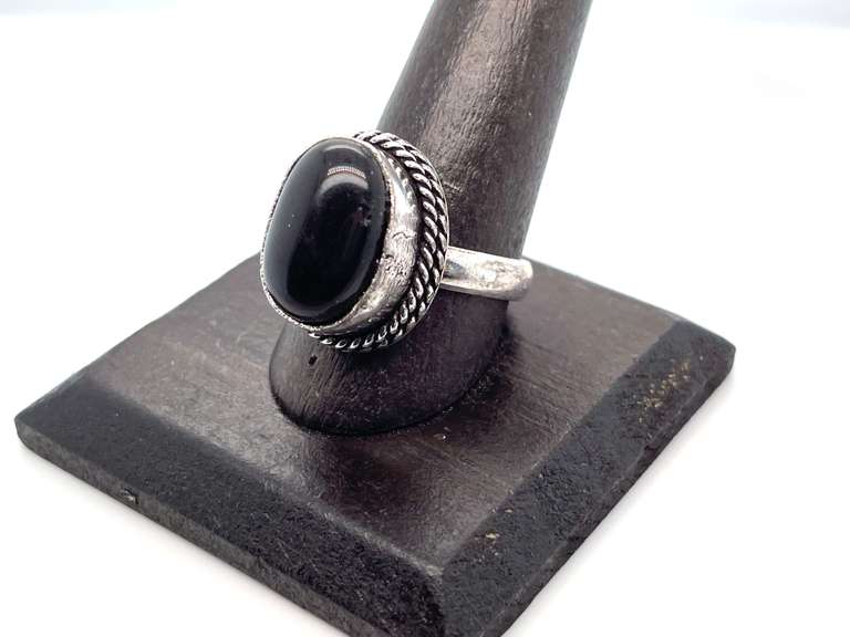Oval Black Onyx Tibetan Silver Double Rope Design Ring