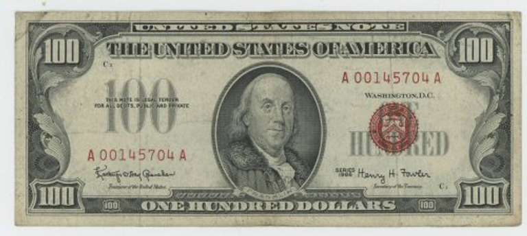 Much Scarcer 1966 Series $100 Red Seal Note. VF
