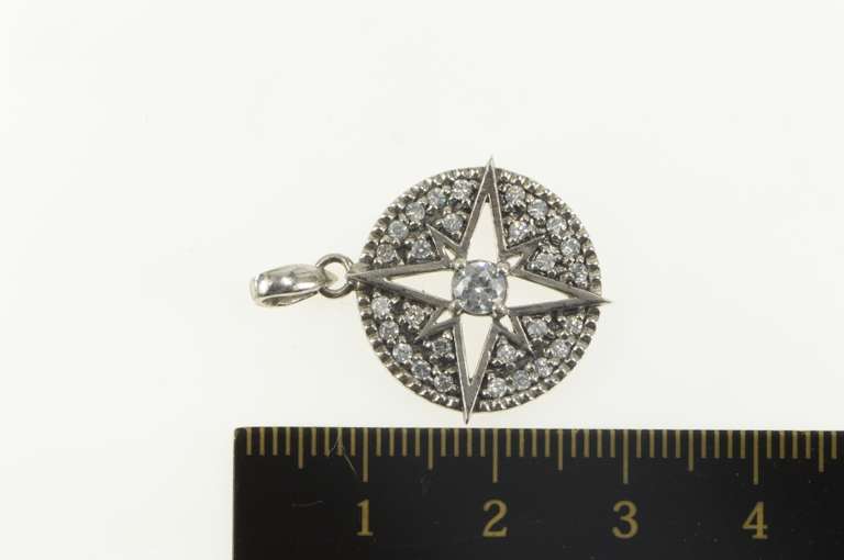 Sterling Silver Round North Star Compass Pave CZ Round Pendant