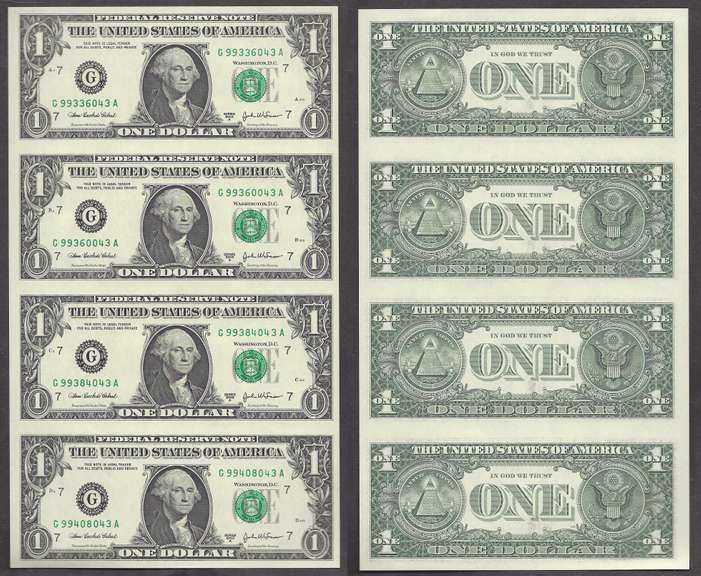 $1 2003-A Uncut Sheet of 4 notes from the Chicago district