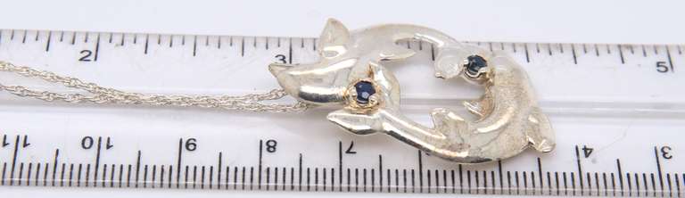 Vintage Sterling Silver Double Dolphin Pendant on Chain