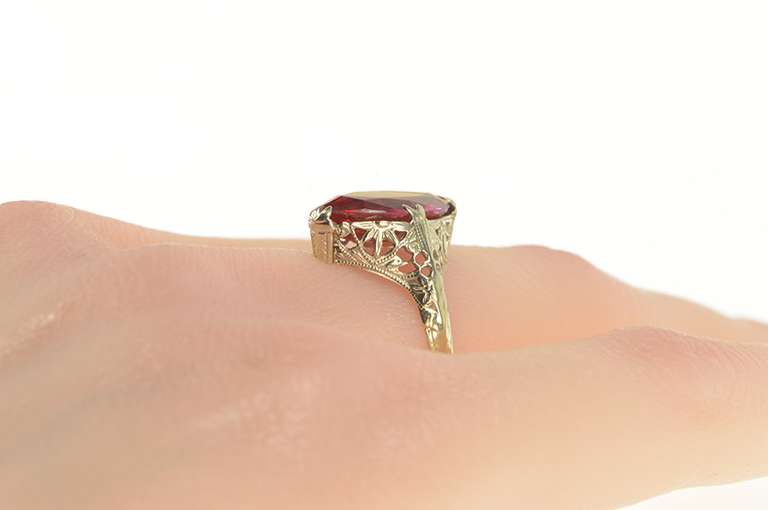14K White Gold Art Deco Marquise Syn. Ruby Filigree Statement Ring