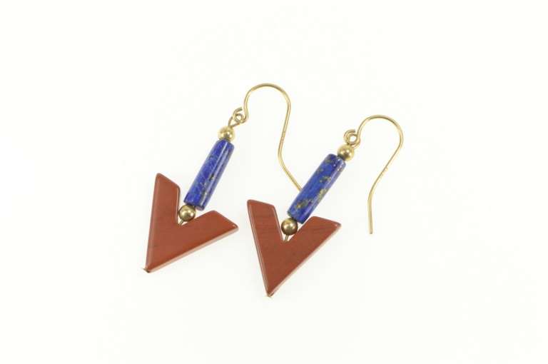 14K Yellow Gold Coral Lapis Lazuli Arrow Beaded Dangle Earrings
