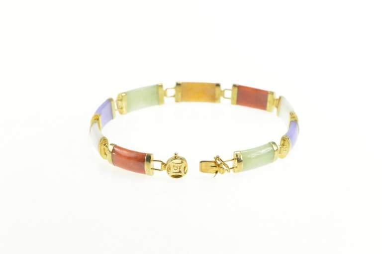 14K Yellow Gold Green Purple Red White Jadeite Carved Bar Bracelet