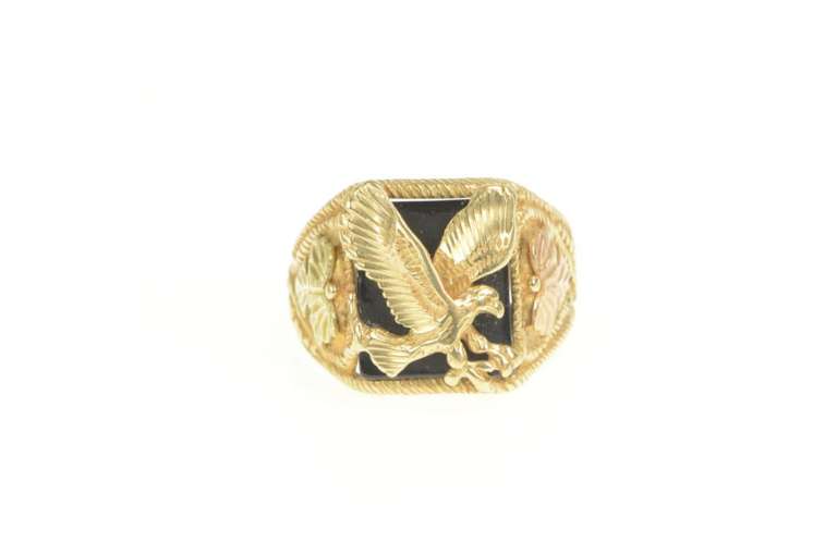 10K Yellow Gold Black Onyx Black Hills Leaf Eagle Men's Ring