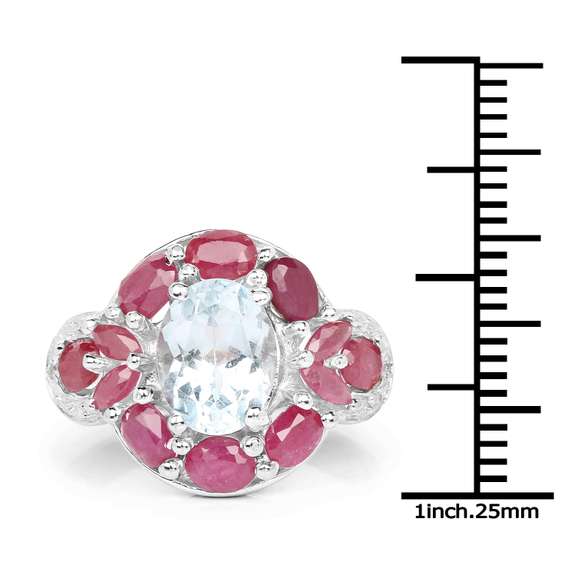 Plated Rhodium Aquamarine Ruby and White Topaz Ring