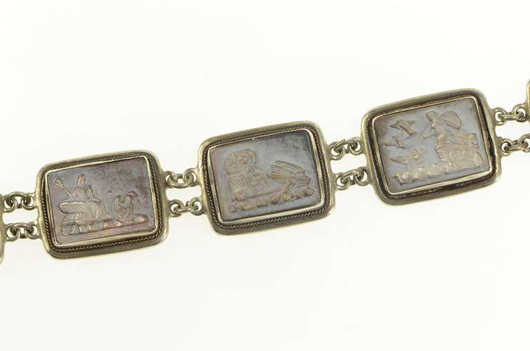 Sterling Silver Carved Ornate Greek Scene Mother of Pearl Bracelet