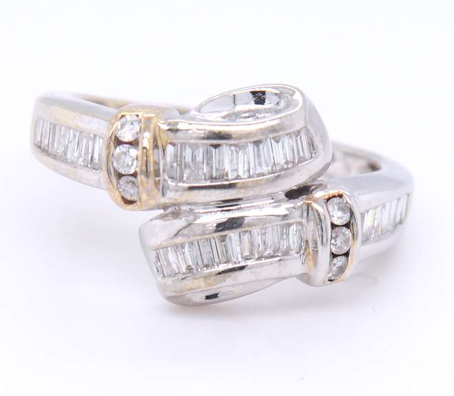 Sparkling White Gold Channel Set Baguette and Round Diamond Bypass Ring