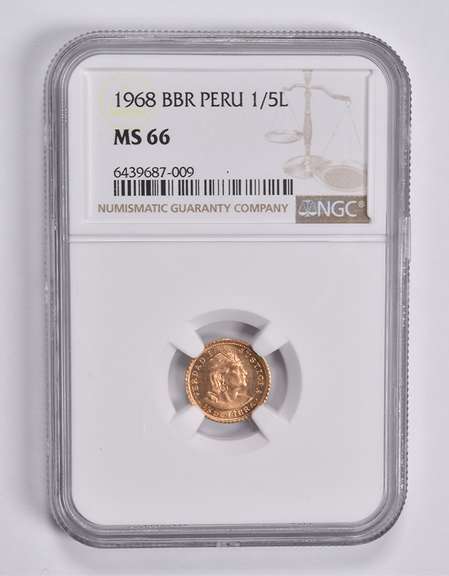 MS66 1968 BBR Peru 1/5 Lima Gold Coin NGC