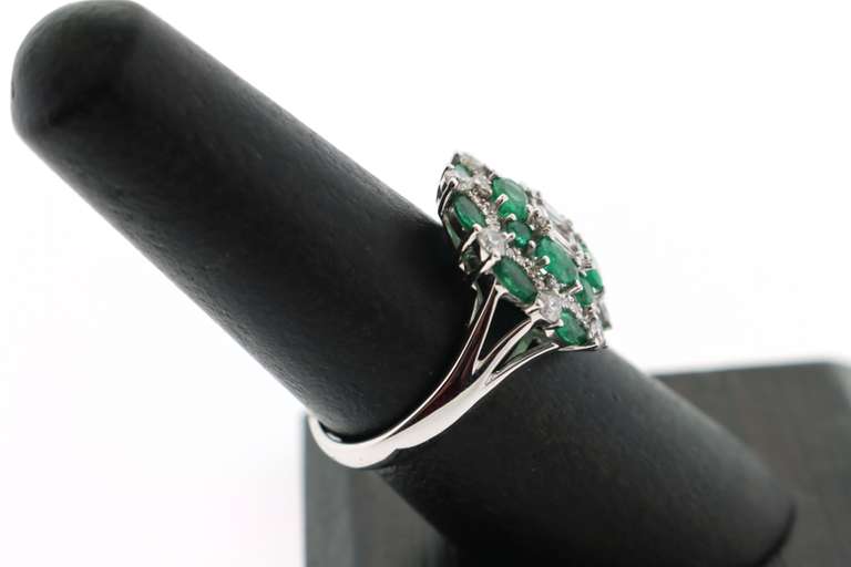 Impeccable Emerald and Diamond Cluster 18k White Gold Ring