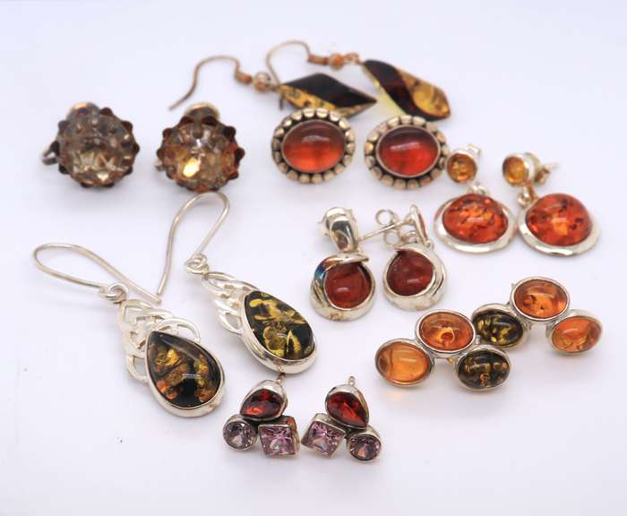 Group Lot of Vintage Sterling Silver Amber Earrings