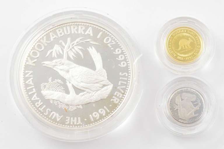 1991 $5 Australia Pf Set 1 Oz Silver, 1/20 Oz Gold, 1/20 Oz Platinum