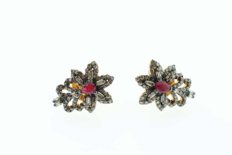 Exquisite Ruby Center Diamond Studded Gold Plated Silver Earrings