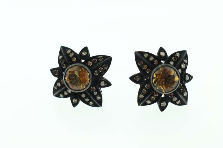 Striking Yellow Citrine Earrings with Smokey Diamond Accents