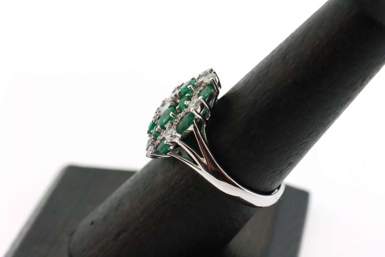 Impeccable Emerald and Diamond Cluster 18k White Gold Ring