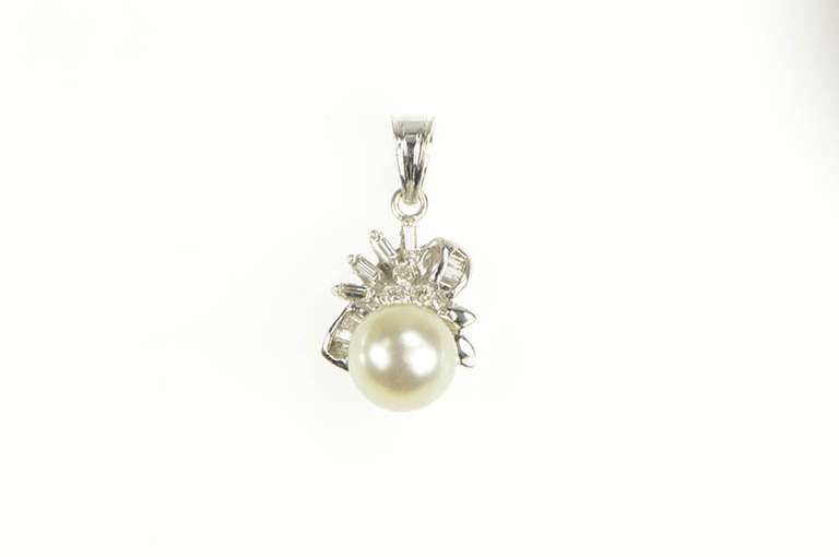14K White Gold 1940's Pearl Diamond Cluster Statement Pendant