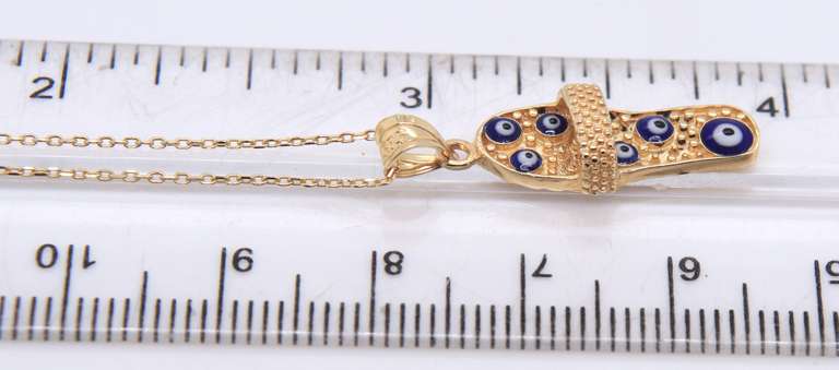 Fantastic Yellow Gold Evil Eye Flip Flop Pendant on Chain Necklace