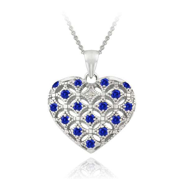 Sterling Silver Created Blue Sapphire & Diamond Accent Heart Locket Necklace