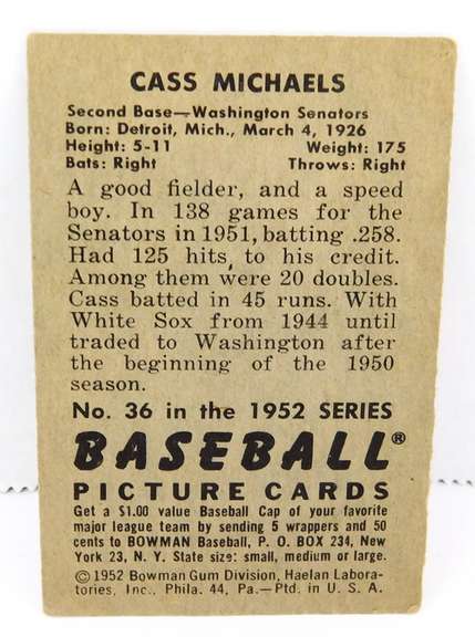1952 Cass Michaels Bowman Baseball Card