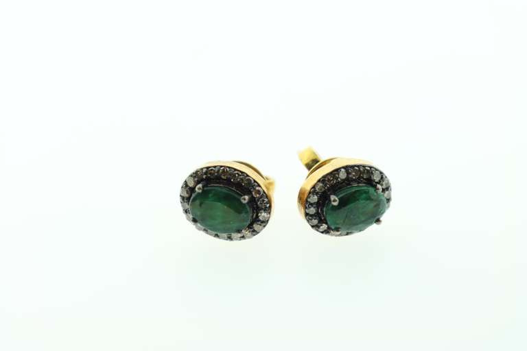 Diamond Studded Emerald Earrings with Gold Plated Silver