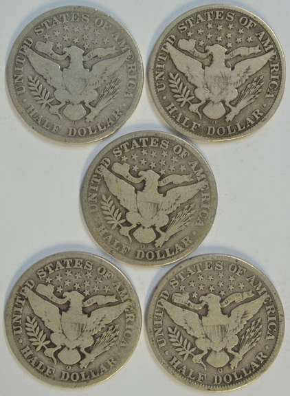 5 Assorted sharp 'O' Mint Barber Half Dollars 1907 to 1909