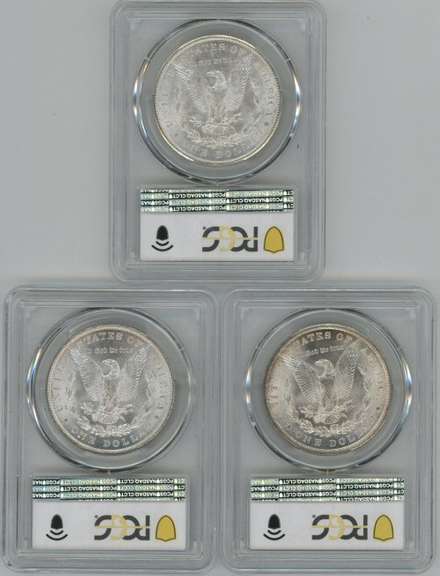 3 Diff. Very Choice BU Morgan Silver Dollars. PCGS MS63