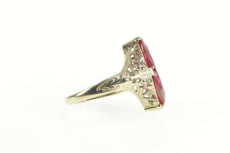14K White Gold Art Deco Marquise Syn. Ruby Filigree Statement Ring