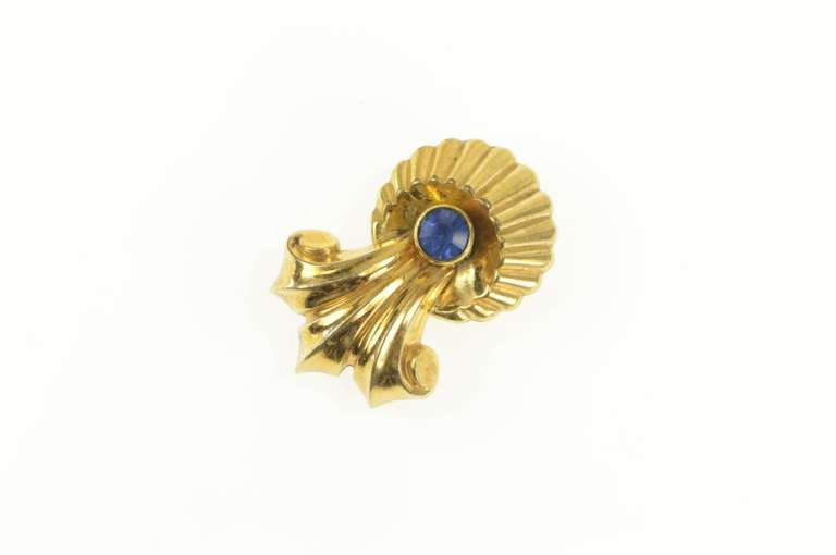 Gold Filled 1930's Syn. Sapphire Scroll Grooved Statement Pin/Brooch