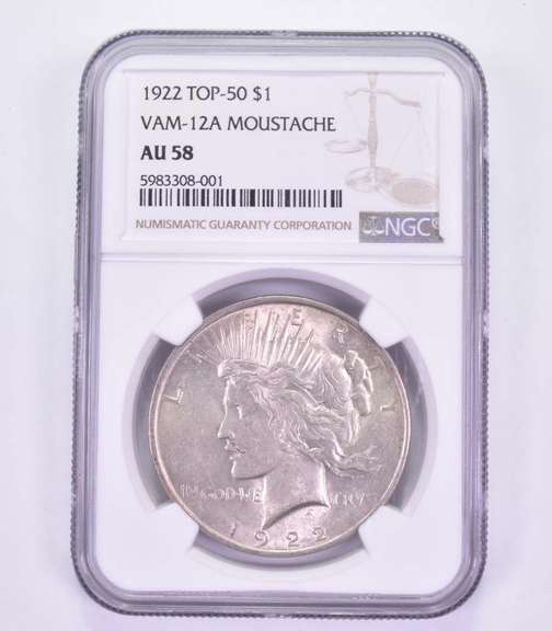 AU58 1922 Peace Silver Dollar - Top-50 VAM-12A Moustache - Graded NGC
