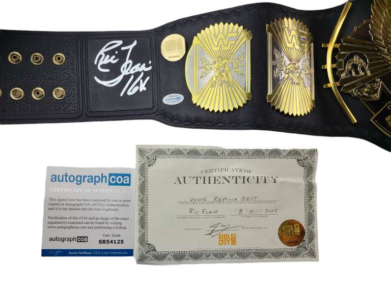 Ric Flair Autographed World Championship Winged Eagle Metal Leather Belt ACOA