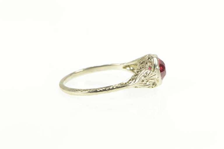 18K White Gold Art Deco Filigree Sim. Ruby Ornate Engagement Ring