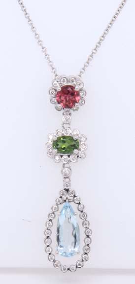 Charming White Gold Turmaline, Aquamarine and Diamond Pendant on Chain