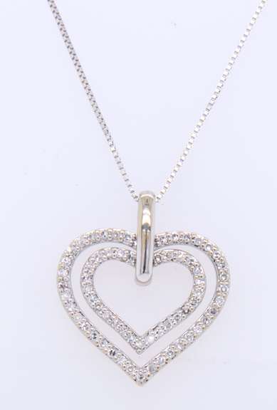 Wonderful White Gold Double Heart Diamond Pendant on Chain