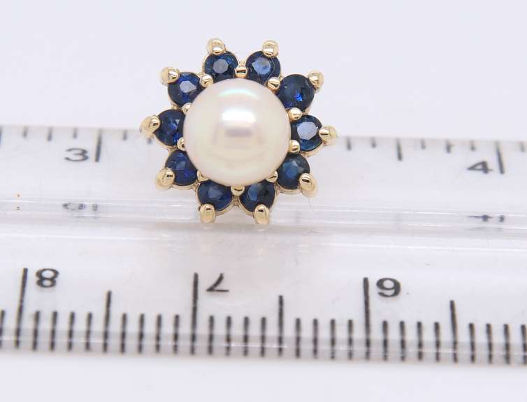 Elegant Yellow Gold Pearl Studs with Sapphire Earring Jackets