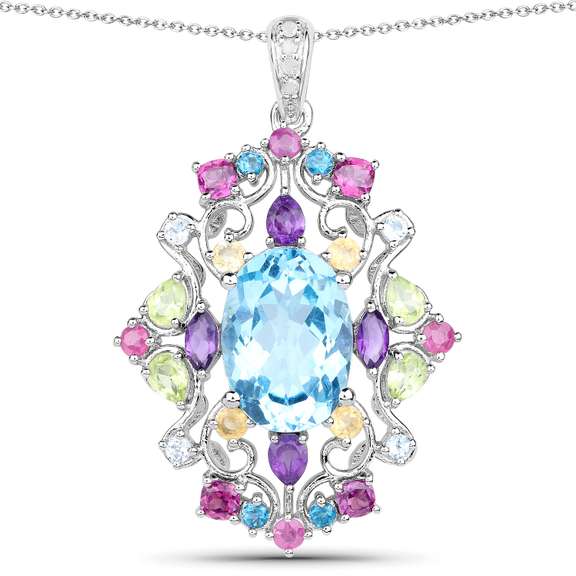 Plated Rhodium 10.43ctw Multi Color Gemstone Pendant with Chain