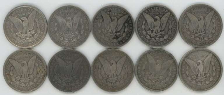 10 Different 19th Century Morgan Silver Dollars in circ